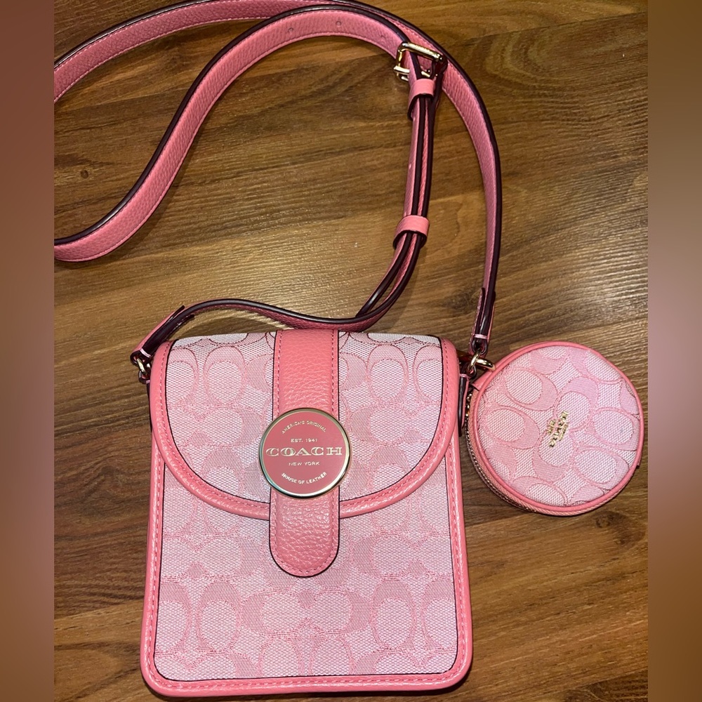 Coach Dempsey Pink Crossbody Bag with Flap Closure & Coin purse
